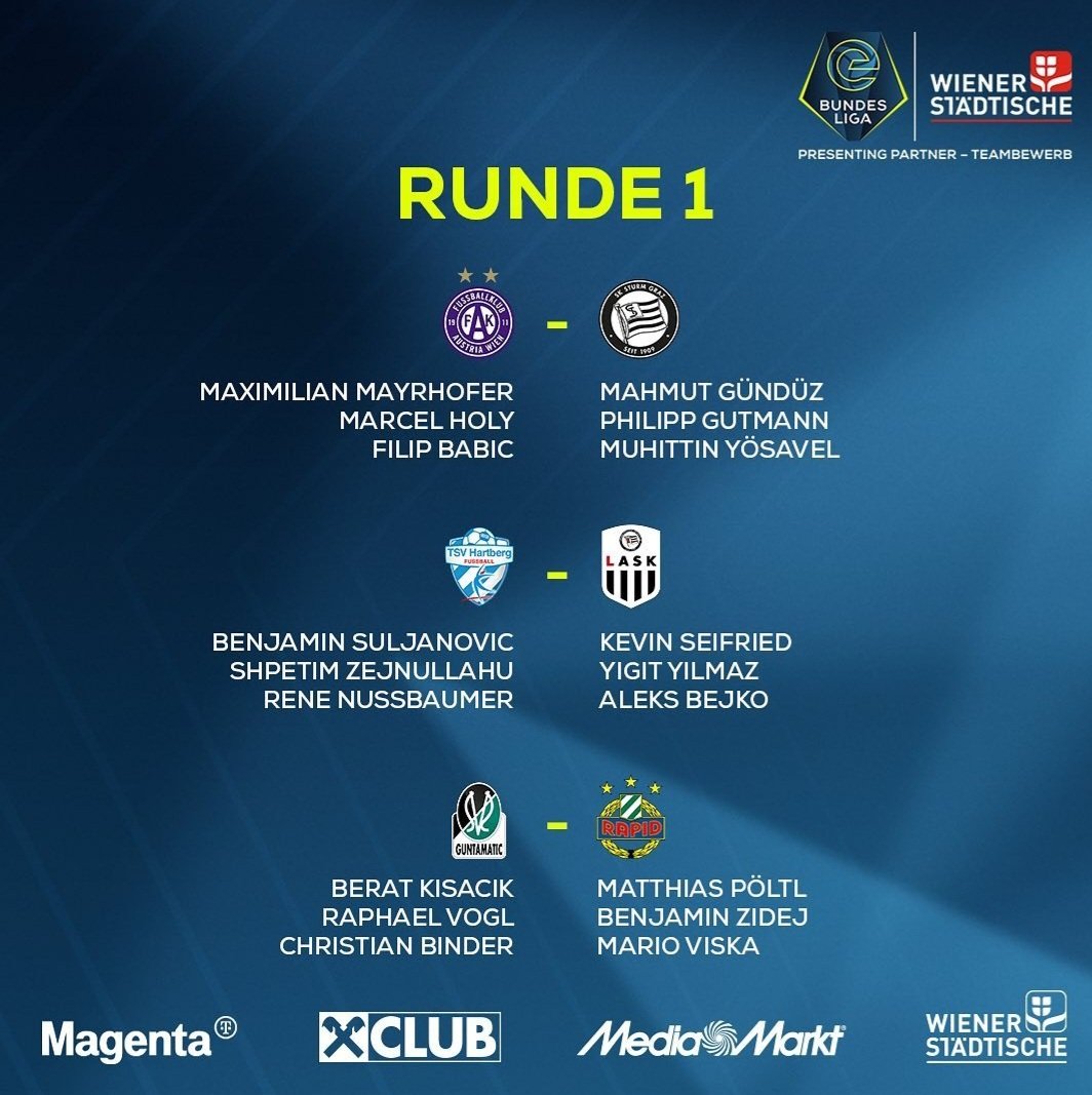 Runde 1 im Teambewerb der <a href="/eBundesliga_at/">eBundesliga</a>!

Meine Teamkollegen treffen auf die Jungs von <a href="/tsv_hartberg/">TSV Hartberg Fußball</a>!

Die Matche könnt ihr ab heute jeden Montag Abend ab 20:30 Uhr im Livestream von <a href="/LAOLA1_at/">LAOLA1</a> sehe. 

Auf geht's Laskler kämpfen und siegen! 🙌

<a href="/LASK_Official/">LASK</a> #fifa22