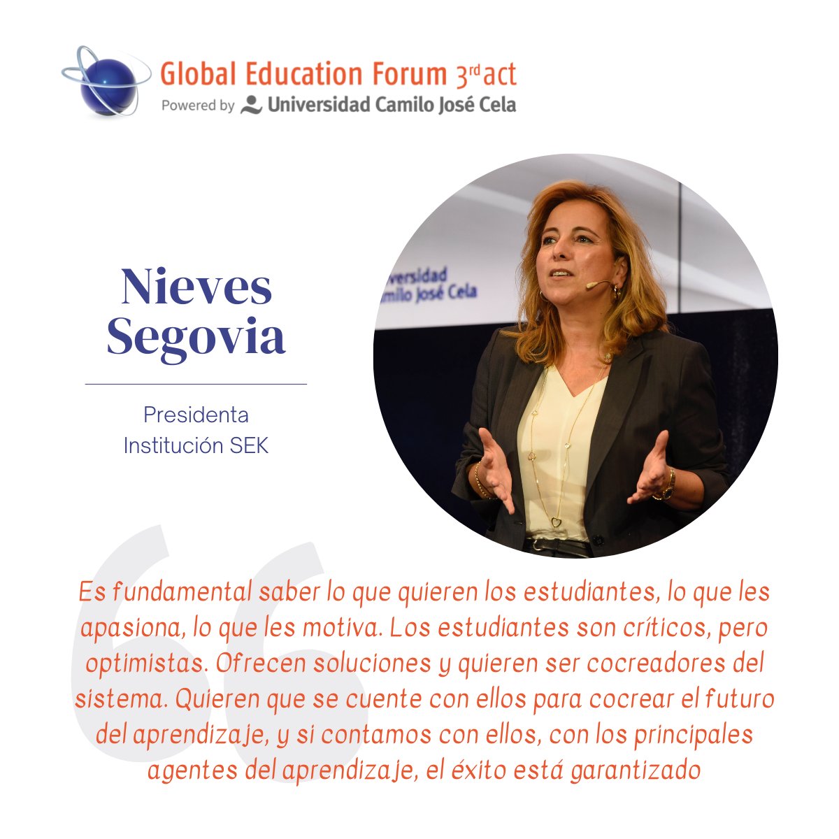 UCJC (@universidadcjc) on Twitter photo 🗣️ <a href="/SegoviaNieves/">Nieves Segovia</a> en @GEF3act: "Los estudiantes quieren ser cocreadores del sistema, que se cuente con ellos para cocrear el futuro del aprendizaje. Y si contamos con los principales agentes del aprendizaje, el éxito está garantizado". #FutureHigherEd
🌐 globaleducationforum.org/es/ 🗣️ <a href="/SegoviaNieves/">Nieves Segovia</a> en @GEF3act: "Los estudiantes quieren ser cocreadores del sistema, que se cuente con ellos para cocrear el futuro del aprendizaje. Y si contamos con los principales agentes del aprendizaje, el éxito está garantizado". #FutureHigherEd
🌐 globaleducationforum.org/es/