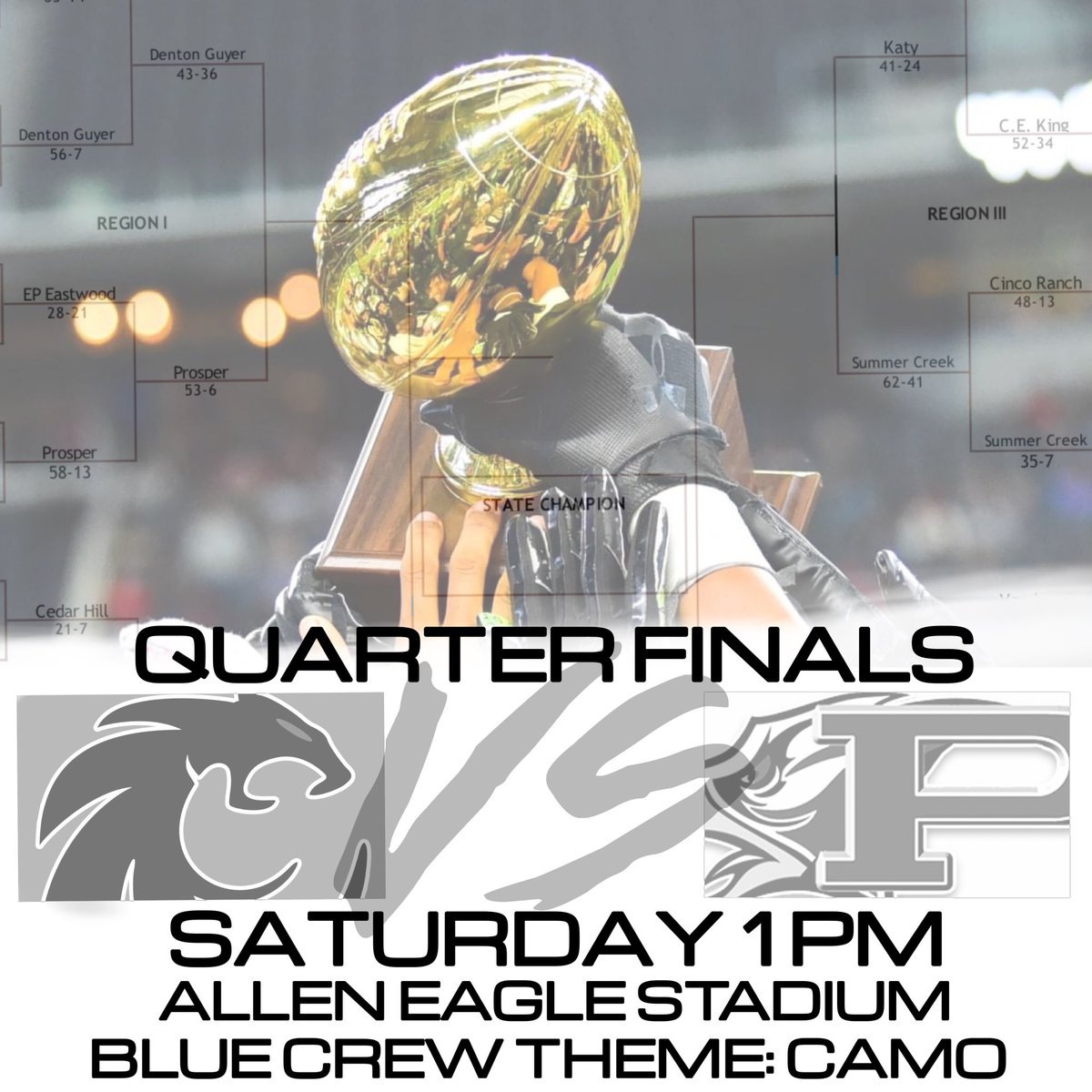 𝟲𝗔 𝗗𝗶𝘃𝗶𝘀𝗶𝗼𝗻 𝗜𝗜 𝗥𝗲𝗴𝗶𝗼𝗻 𝗜 𝗙𝗶𝗻𝗮𝗹
🆚 Prosper 
🗓Sat, December 4th 
🏟Allen Eagle Stadium 
💺Home Side
⌚️1:00 PM
🎟 bit.ly/3riUGfr

#Southside | #DifferentBreed