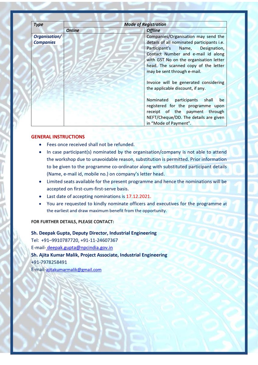 ONLINE TRAINING PROGRAMME “Working with Micro-data Analysis Using SPSS”
Register Now:-npcindia.gov.in/NPC/User/webin…
Contact:-–9910787720, +91-11-24607367
E-mail- deepak.gupta@npcindia.gov.in
Date:-20th-22nd December 2021
Fee:-Rs 6195/- (including GST)
#Working #Micro-data #Analysis
