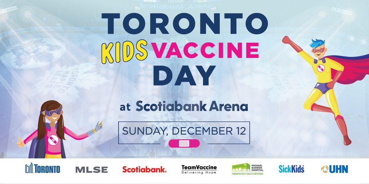 MGHToronto's tweet photo. Save the date: #TorontoKidsVaccineDay is on Sunday, December 12! 
#TeamToronto is excited to vaccinate 2,000 of our city’s youngest community health heroes against #COVID19 at @ScotiabankArena, home of @MapleLeafs and @Raptors  1/2 https://t.co/QGQuPNHuHF