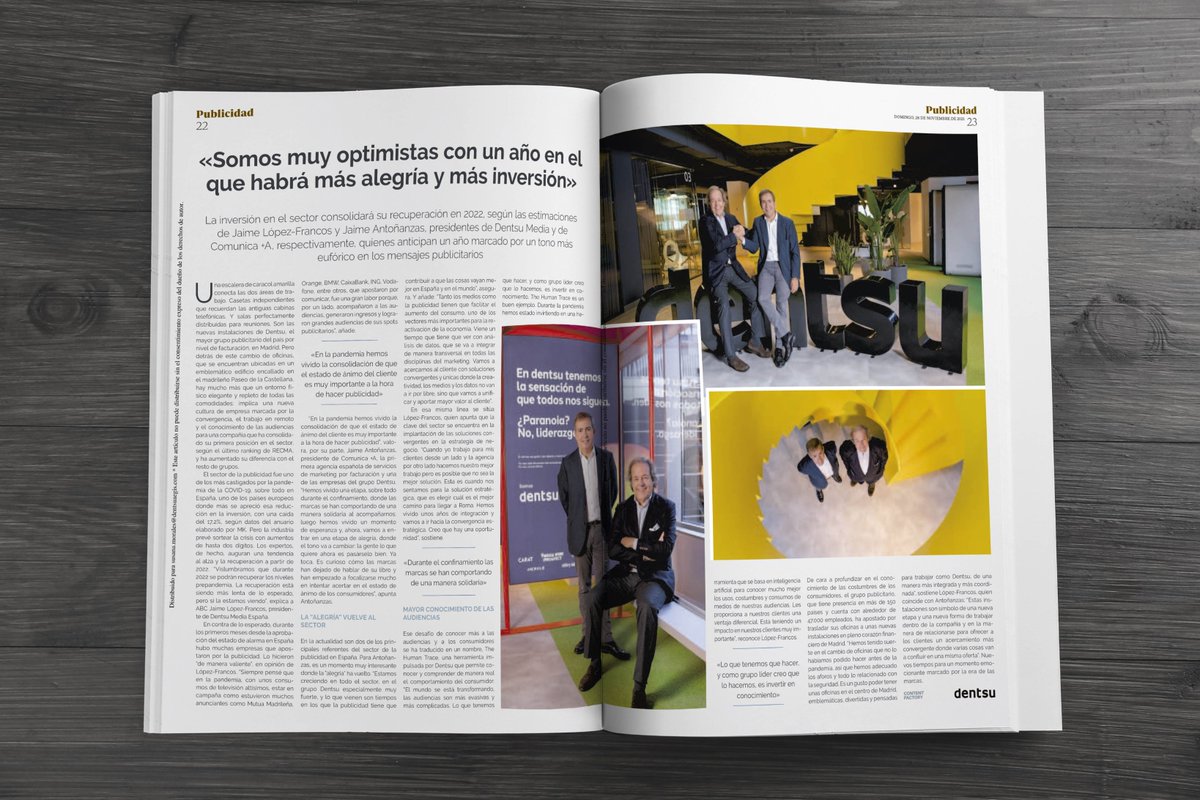 dentsuESP's tweet photo. "Somos muy optimistas con un año en el que habrá más alegría y más inversión". Entrevista a @LopezFrancos, Presidente Dentsu Media, y Jaime Antoñanzas, Presidente de @comunicamasa, en @abc_es.
🔗➡️ https://t.co/weMOdldPGT https://t.co/jGEPTJBkny