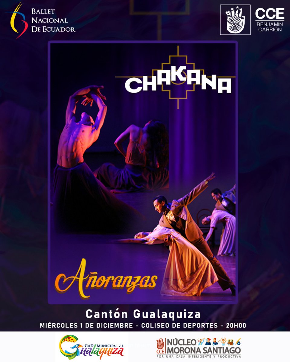 cce_moronastgo's tweet photo. 🎶💃 #CCEventos || ¡El Ballet Nacional del Ecuador llega a Gualaquiza!
Este 1 de diciembre, vamos al Coliseo de Deportes y disfrutemos de una velada de talento con las obras Chakana y Añoranzas.
▶️ Pasa la voz. https://t.co/egumrrYpfR