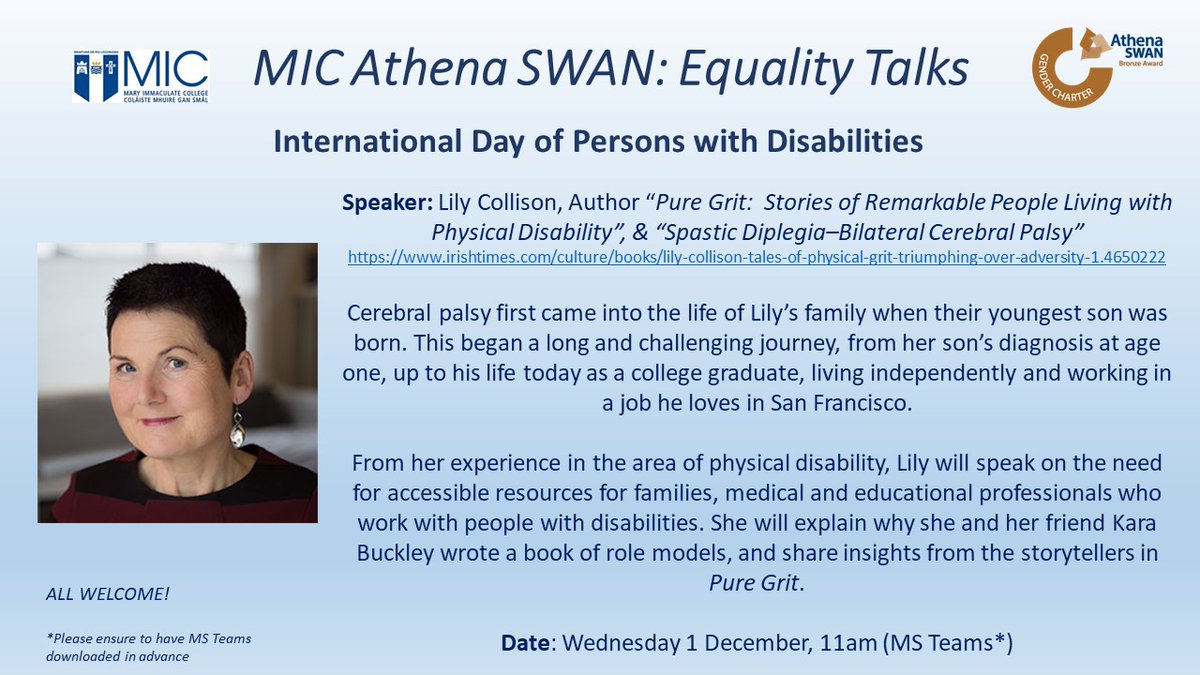 Join us this Wednesday at 11am for a talk with author @lilycollison on the need for accessible resources for families, medical and educational professionals who work with people with disabilities. Reg here🔗eventbrite.ie/e/accessible-r… 
#MICAthenaSwan #EqualityTalks