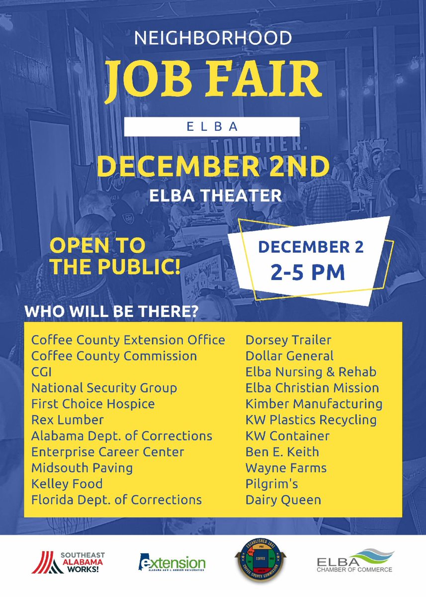 sealaworks's tweet photo. We're bringing the jobs to your neighborhood!
Join us *THIS THURSDAY* from 2 - 5 at the Elba Theater.
Which one of these open jobs do you want?
#ElbaJobFair #ElbaAlabamaWorks #SoutheastAlabamaJobs #NowHiring #NeighborhoodJobFair #ElbaAlabama #AlabamaWorks https://t.co/Jm1jOD0K1F