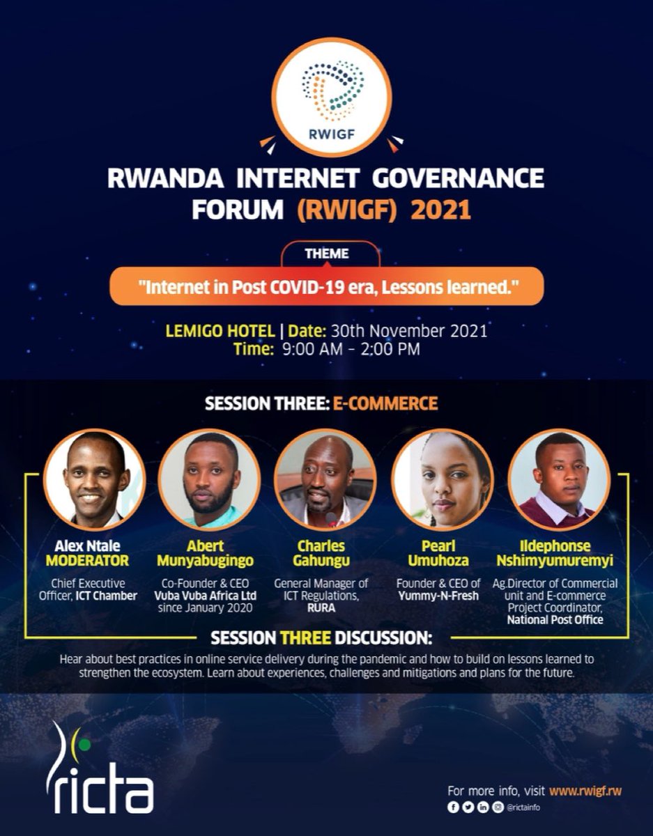 yummynfresh's tweet photo. Sign up and book your spot to hear from experienced slate of panelists during our third session on #ecommerce where you will learn about best practices in online service delivery during the #pandemic.
Register here today; https://t.co/KSwr2kDZoo

#RwOT #Rwanda #RWIFG2021 https://t.co/B4mB3Gmncw