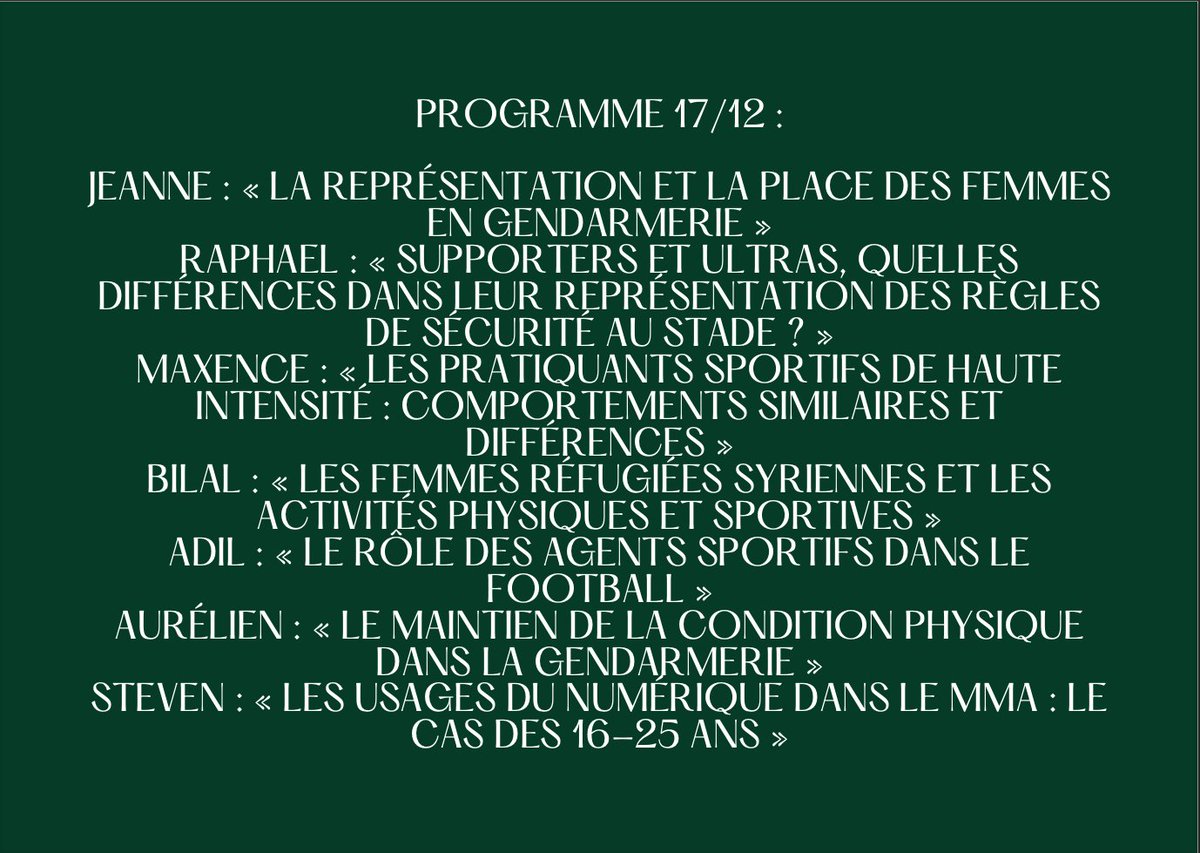 GREHSS_UGE's tweet photo. Les étudiants du M2 Sport et Sciences Sociales, Master recherche de notre UFR, vont organiser leur propre séminaire de recherche les 10 et 17 décembre... Ils présenteront les travaux qu'ils ont réalisé dans le cadre de leur master ! Et que de beaux projets... https://t.co/0AoxKE3paz