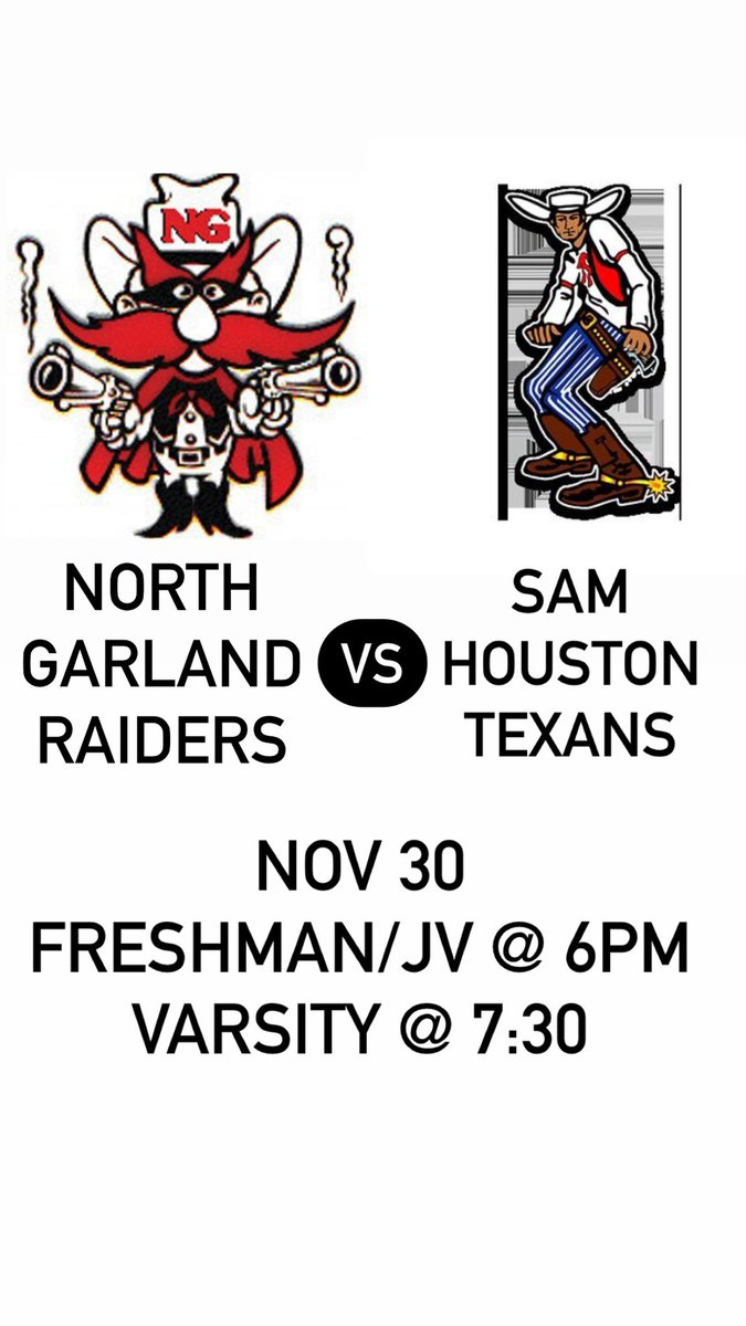 Sam Houston Bball (@arlsamhousbball) on Twitter photo Come out and support your Texans against <a href="/NGHS_RaidersBB/">NGHS Boys Basketball</a> on Tuesday, Nov 30.
Freshman/JV <a href="/6pm/">Follow us @Shop6pm!</a> <a href="/SHHS/">shhs</a> Gym A & B
Varsity @7:30pm <a href="/SHHS/">shhs</a> Gym A
<a href="/shhsalumni/">SHHS Alumni Association</a> <a href="/LadyTexansbb/">Sam Houston Lady Texan Basketball</a> <a href="/BigSamAthletics/">Sam Houston Athletics</a> Come out and support your Texans against <a href="/NGHS_RaidersBB/">NGHS Boys Basketball</a> on Tuesday, Nov 30.
Freshman/JV <a href="/6pm/">Follow us @Shop6pm!</a> <a href="/SHHS/">shhs</a> Gym A & B
Varsity @7:30pm <a href="/SHHS/">shhs</a> Gym A
<a href="/shhsalumni/">SHHS Alumni Association</a> <a href="/LadyTexansbb/">Sam Houston Lady Texan Basketball</a> <a href="/BigSamAthletics/">Sam Houston Athletics</a>