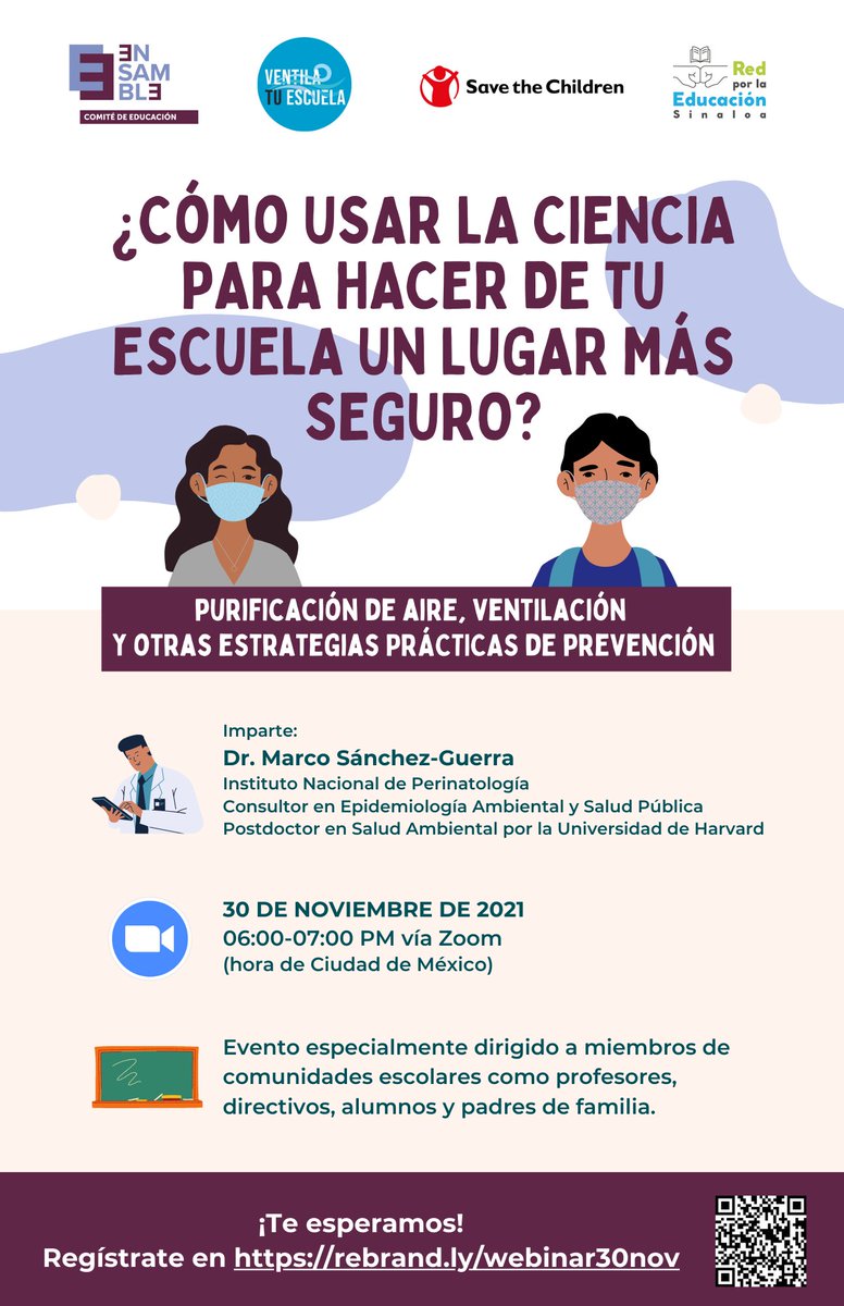 clasemx's tweet photo. Únete el martes 30 y conoce estrategias para hacer de tu escuela un lugar más seguro ante COVID-19. Organizan #EnsambleEducación, @SaveChildrenMx y @VentilaEscuela. Imparte @MarcoSanchezGue, experto en epidemiología. Regístrate aquí 👉 https://t.co/9zP7aMKPeg https://t.co/q4mOzsZnYg