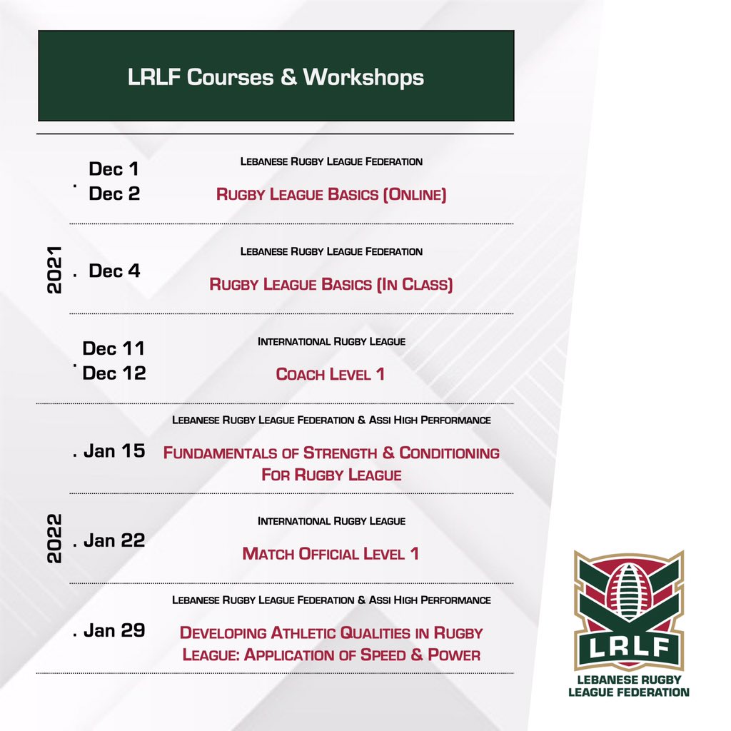 LebanonRL's tweet photo. Our Courses!
For more information or details, please contact Mr. Gaby Haddad:
• mobile: +961 3 150 657
• email: gaby@LebanonRL.com
Registration link:
https://t.co/o2CI4wzn4t
#LebanonRL #RugbyLeague #Education #Sports #Cedars #Junipers #InternationalRL #MEARL #EuropeanRL https://t.co/9hnhykwQoU