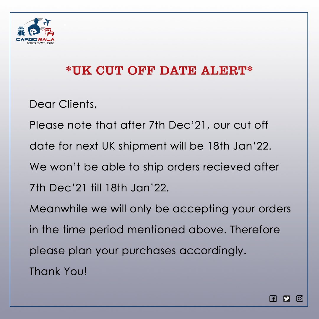 cargo_wala's tweet photo. ** ⚠ UK CUT OFF DATE ALERT ⚠ **

Follow us on Facebook: https://t.co/pzITgzUb9g

Follow us on Instagram: https://t.co/ZuEr5131hq

Follow us on Twitter: https://t.co/PQylGVd1yv

#cargowala #cargo #cargoship #aircargo #uk #us #australia #Canada #Europe #Pakistan https://t.co/XmmvlLbTEX