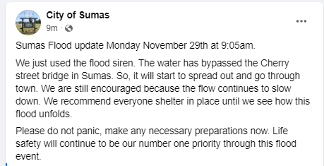RandySmall's tweet photo. 9:06 AM update from the City of #Sumas. #wawx #flood #nooksackriver https://t.co/WOc1S4wYmq