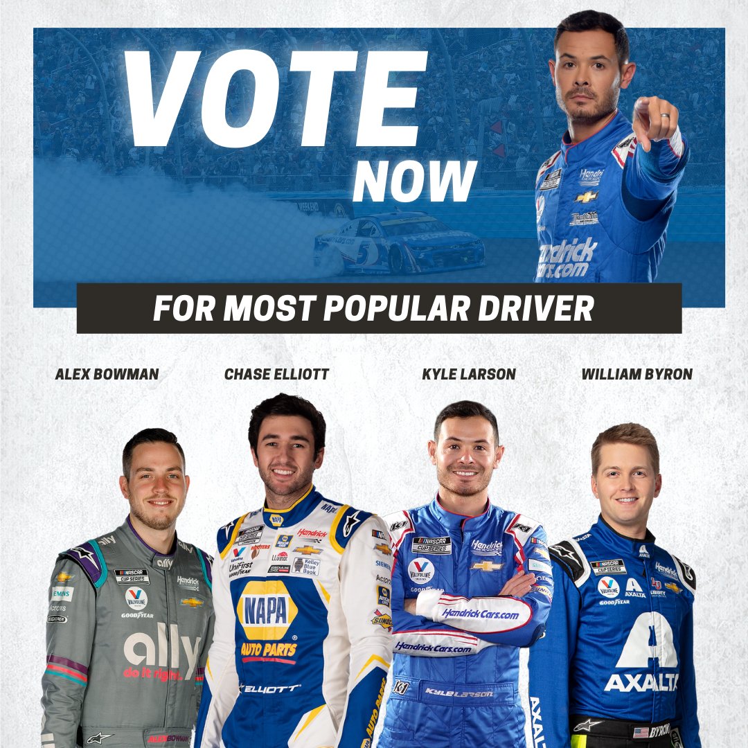 HendrickCars's tweet image. Don't miss your chance to support Kyle Larson and all the #TeamHendrick stars in NASCAR's Most Popular Driver fan vote! Polls close at 12 p.m. ET on Wednesday.

Vote now: nascar.com/mostpopulardri…