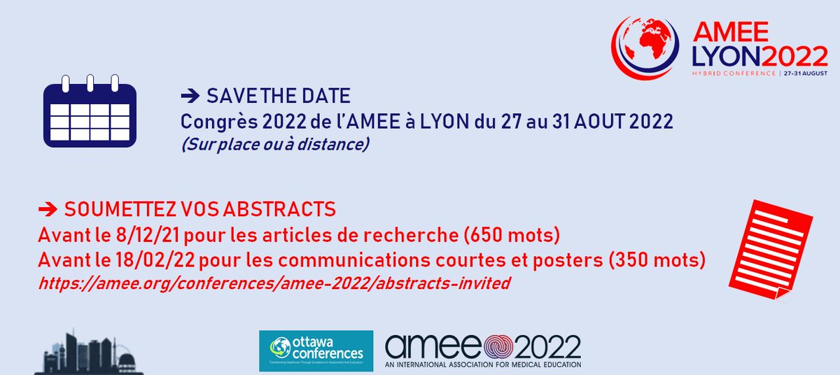 Le congrès #AMEE2022 aura lieu à LYON du 27 au 31 Aout 2022 ! 🥳 
🤞Save the date🤗
✌️Soumettez vos abstracts (avant le 8/12 pour les articles recherche et avant le 18/02 pour les mini-oral / posters)
⏯️amee.org/conferences/am…