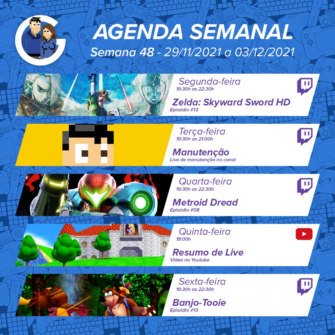 GeracaoBixudos's tweet photo. #bixudos segue nossa agenda semanal!
Bora se divertir nas lives desta semana.
#SkywardSwordHD #MetroidDread #BanjoTooie https://t.co/fAoLGyIcb5