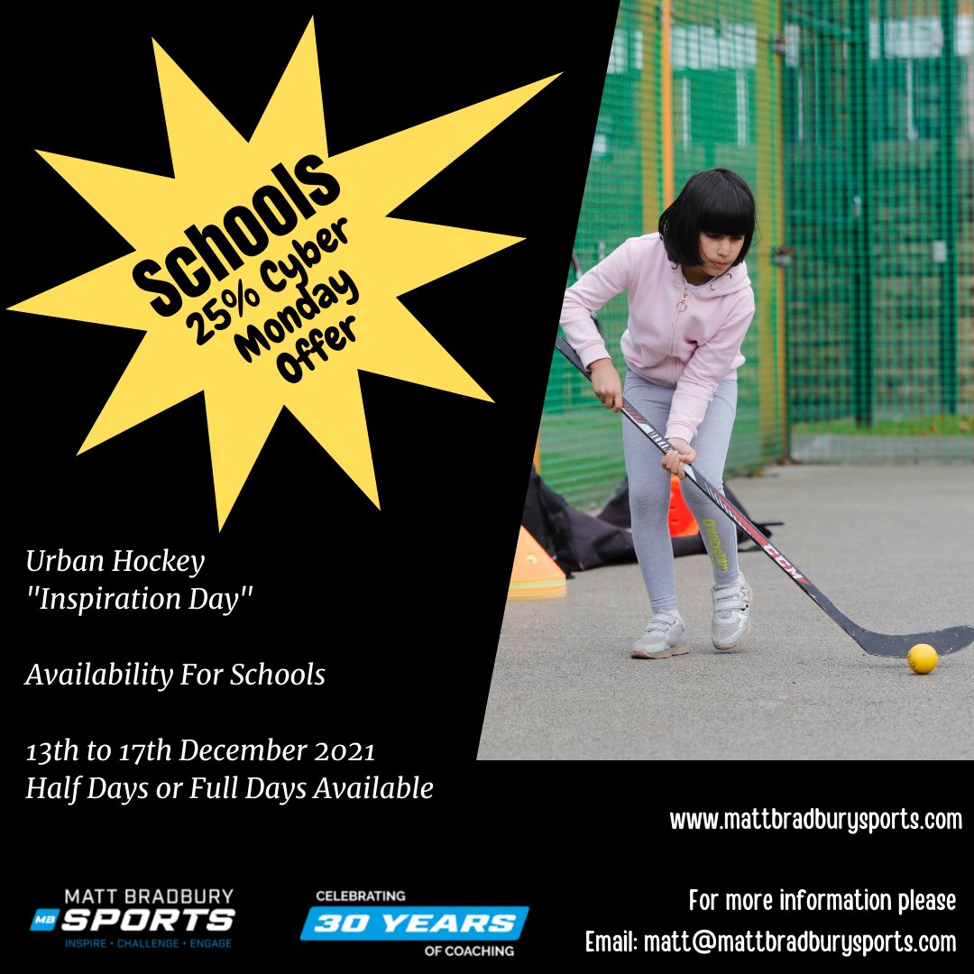 Urban Hockey Cyber Monday offer!!

“Inspiration Day” one off bookings available for #Nottingham schools for w/c 13th December. 

#InspireChallengeEngage