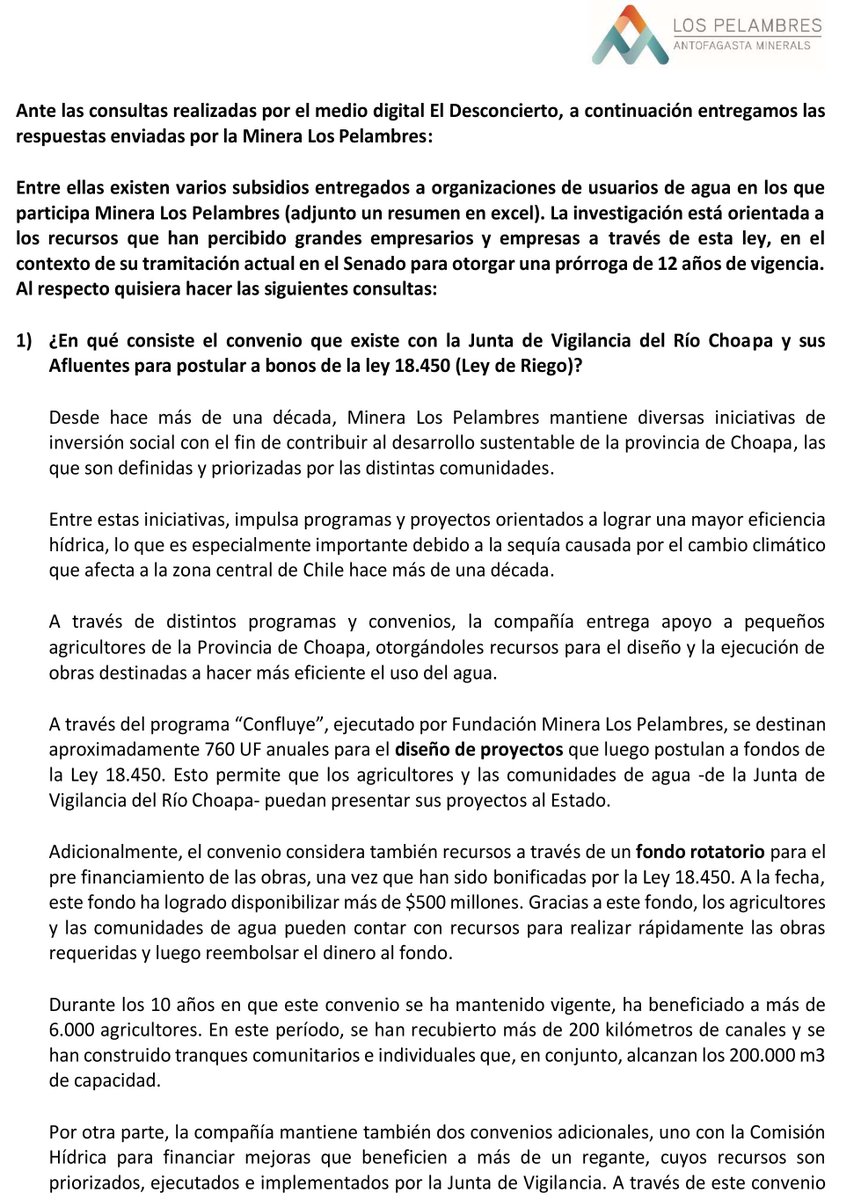 aminerals's tweet photo. Ante la publicación de @eldesconcierto desmentimos tajantemente que MLP utilice recursos de la Ley de Riego. Al contrario, hace + de una década aportamos con iniciativas de eficiencia hídrica, definidas y priorizadas por las comunidades https://t.co/XwYgLOGFEL https://t.co/Oqw2CYdGR0