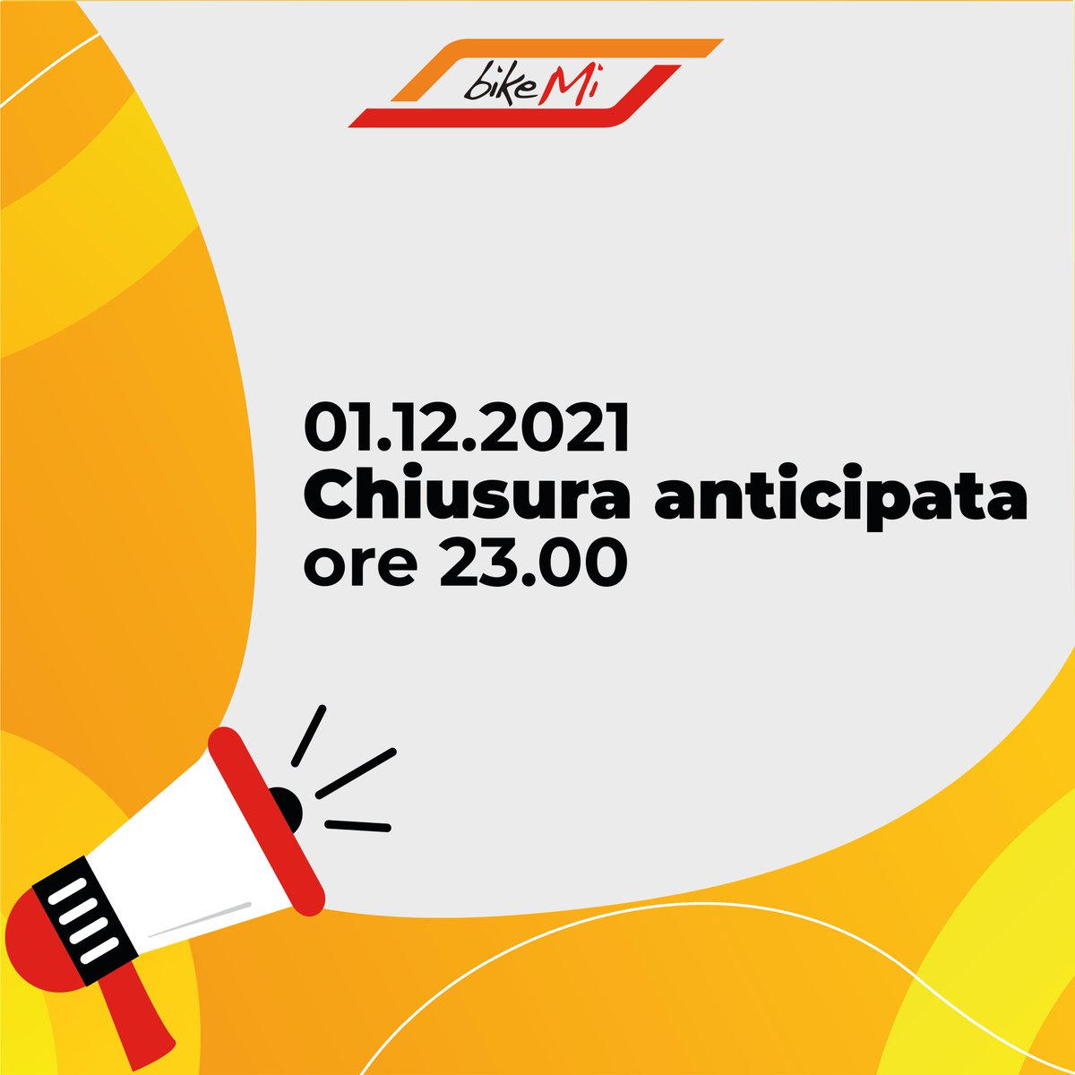 Mercoledì 1 dicembre il servizio chiuderà anticipatamente alle 23.00.
Sarà comunque possibile rilasciare le bici ma esclusivamente nelle stazioni fisiche, non nelle stazioni virtuali.
