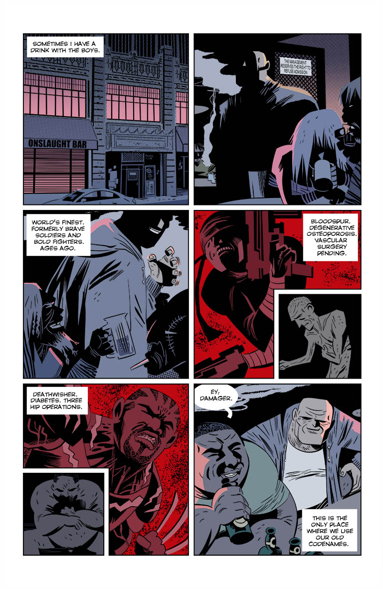 polarcomic's tweet photo. Onslaught, the bar where those 90s superguys hang out/ Onslaught, el bar donde los supertipos de los 90 pasan el rato.
Page WIP of UNTIL MY KNUCKLES BLEED, my new crime-superhero title published by @allhailbehemoth
https://t.co/xwr2byz6Y0
#UMKB #drime #noir #superhero #90s https://t.co/Q71zTr3CQp