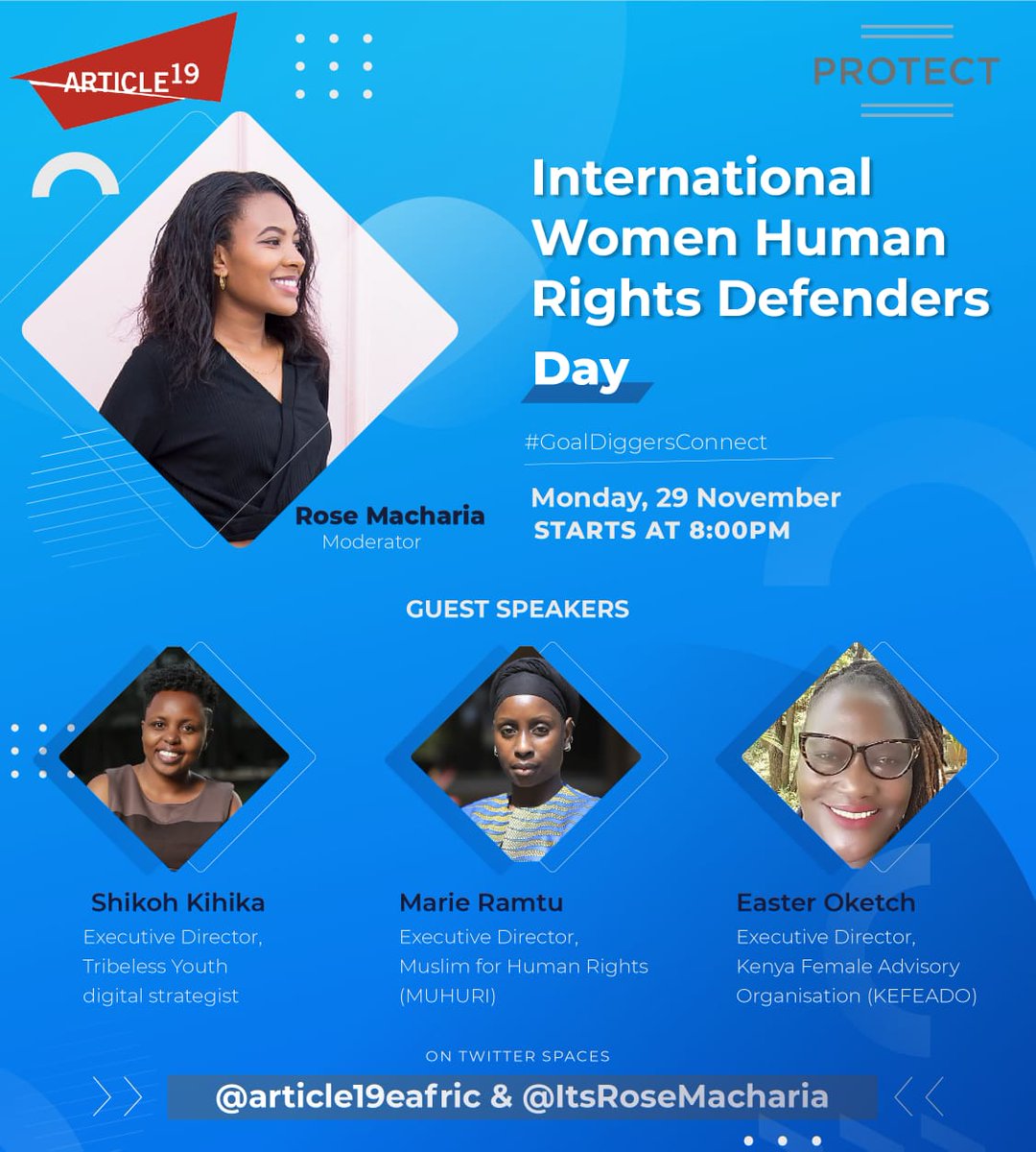 MUHURIkenya's tweet photo. Join this Twitter Spaces as we celebrate women human rights defenders.
https://t.co/YMQu0UI4vo
#IWHRDD 
#GoalDiggersConnect
@Shikohkihika @ItsRoseMacharia https://t.co/lSV9kKmsPF