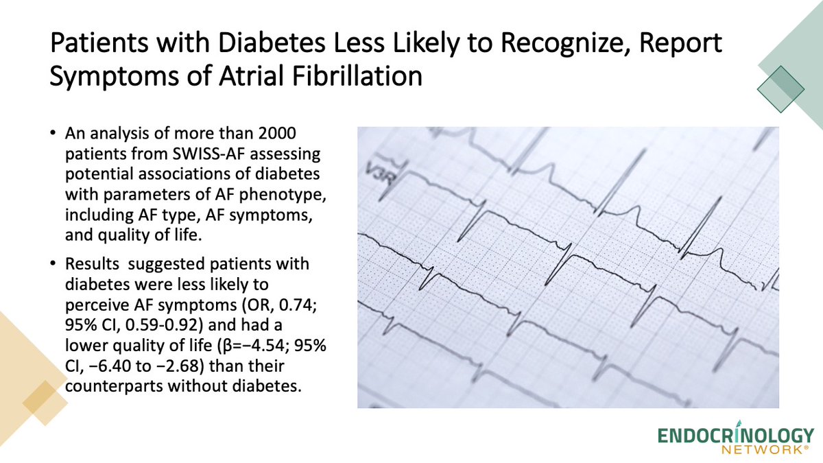 New data from SWISS-AF suggests patients with diabetes were about 26% less likely to notice symptoms of aFib and more likely to experience more comorbidities than their counterparts without diabetes.

endocrinologynetwork.com/view/patients-…

#Afib #Diabetes