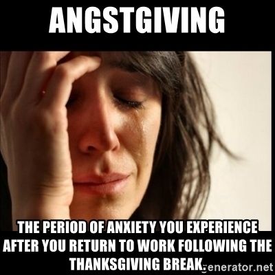How are you feeling about being back to work after the Thanksgiving holiday? 

#angstgiving #workholiday #mondaymotivation