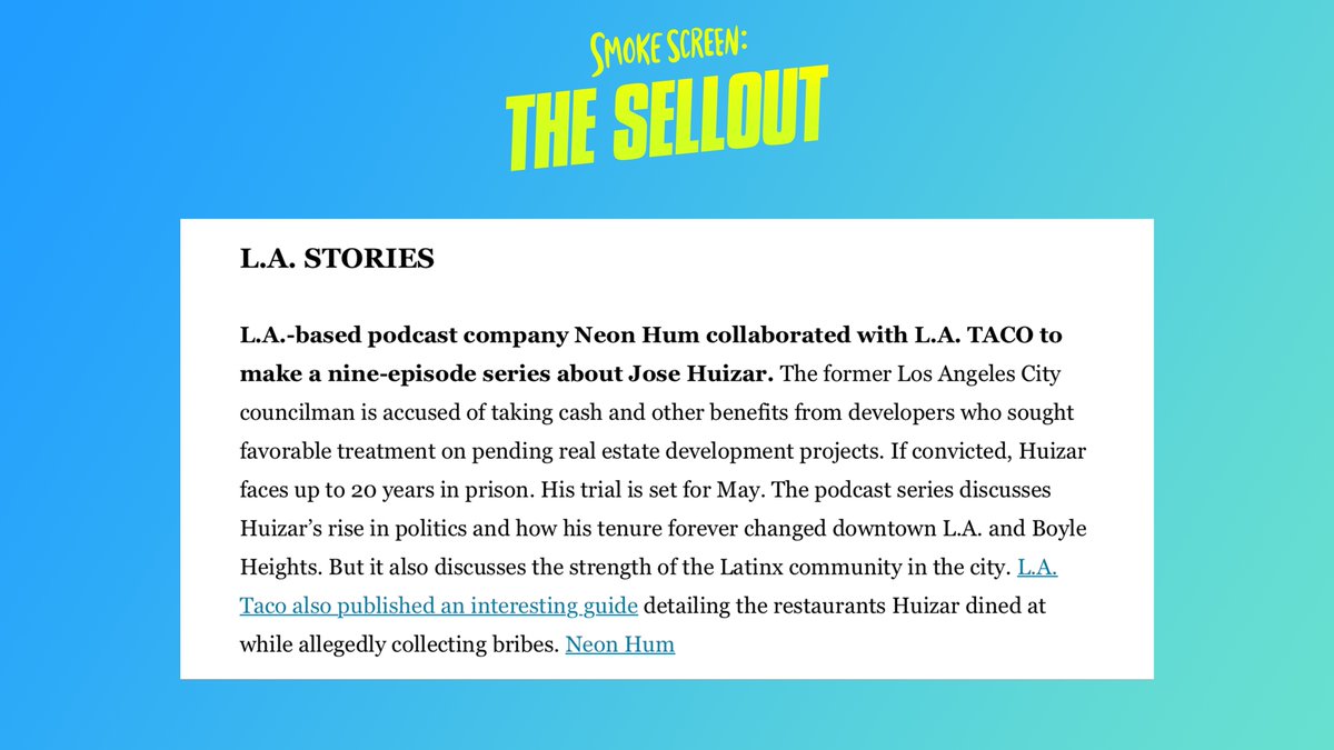 SmokeScreenPod's tweet image. Thank you @by_justin and @latimes for highlighting #SmokeScreenPod in today's Essential California Newsletter! 🙌🙌

A brand-new ep. drops tomorrow: link.chtbl.com/UOZVRy9T