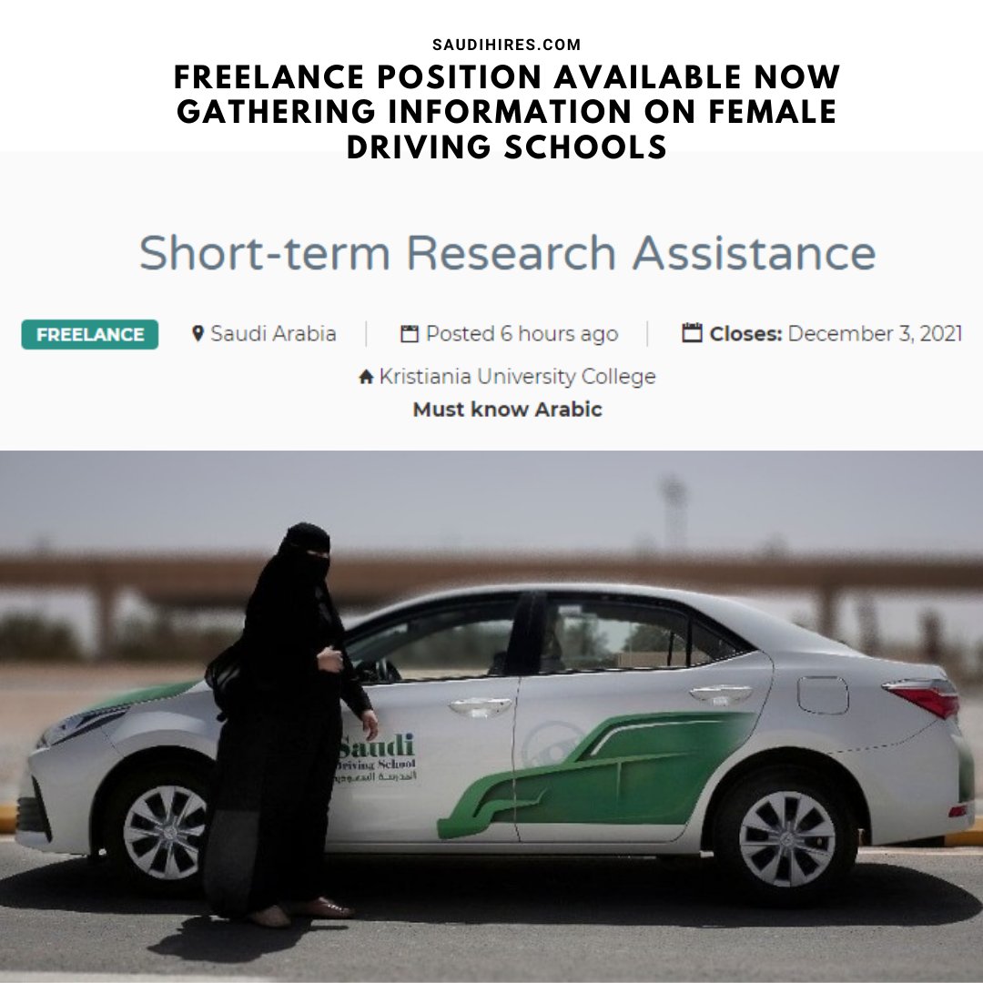 Saudi_Hires's tweet photo. Freelance position available now, sourcing information on female driving schools in Saudi for foreign University. Apply direct today on https://t.co/hpxgsN2gk7 #JobsinSaudiArabia #jobsinsaudi #saudifreelancer #saudidriving #womendrivers #femaledriver #SaudiArabia #KSA #saudihires https://t.co/Mptcnl16HT