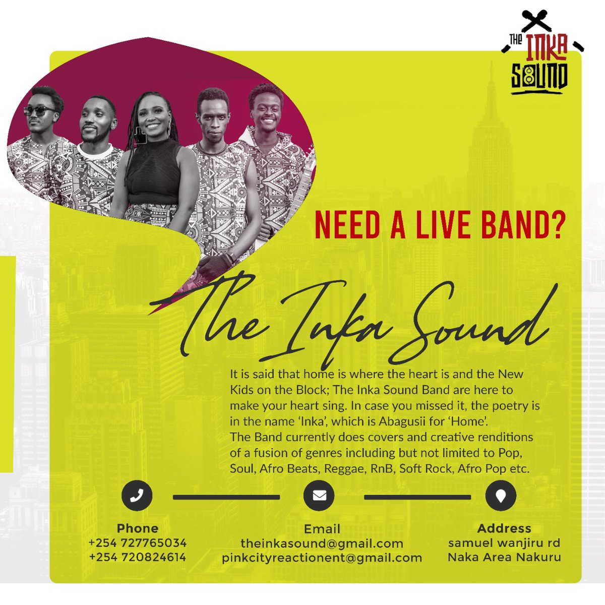 Need a Live Band for your occasion?

Dm us or call us on 0727765034 /0720824614 write ✍ to us theinkasound@gmail.com 

#liveband
#livemusic
#theinkasound