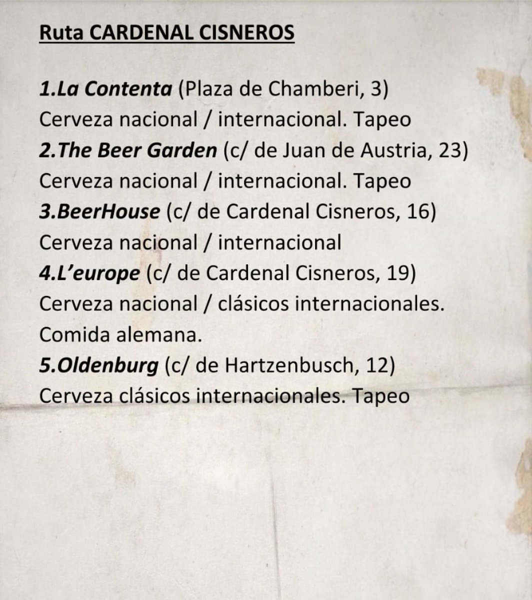 Ruta CARDENAL CISNEROS
<a href="/lacontenta/">La Contenta</a>
<a href="/TBGtaproomsalon/">Beer Garden Tap Room</a>
<a href="/LEUROPEMADRID/">Cervecería L,Europe</a>
@beerhousemadrid
<a href="/El_Oldenburg/">Oldenburg Cerveceria</a>

<a href="/craftesanos/">Craftesanos</a>  #cerveza #birra #cerveja #beer #cervexa #bier  #homebrew #welovebeer #homebrewing #homebrewer #cervezaartesana #cervezaartesanal  #madrid  #craftesanos