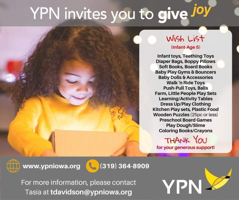 YPN invites you to bring JOY to young children and their families this holiday.  If you or your company are interested in donating new, unwrapped toys, please visit the link below to view our Amazon wish list!

amazon.com/hz/wishlist/ls…

Thank you!