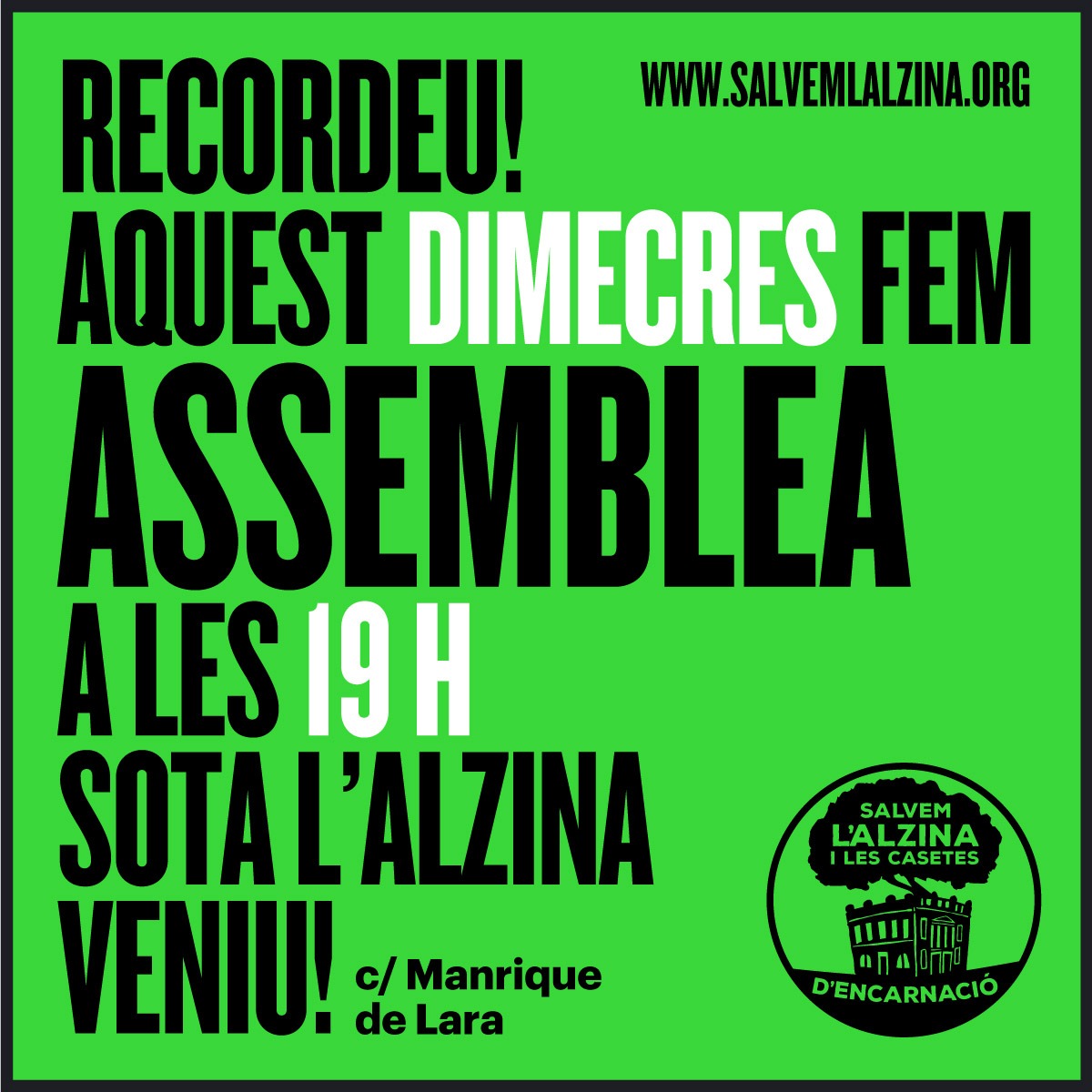 🗣️📣 Recordeu‼️Aquest dimecres, celebrarem una nova assemblea per tal d'organitzar-nos de cara al recital del dia 12, entre altres coses. Us esperem sota l'alzina‼️Veniu, compartiu, difoneu‼️ 🌳 💚 🏡  #DefensemLAlzinadeGracia #salvemlalzina #CasetesCarrerEncarnació #JA #3anys