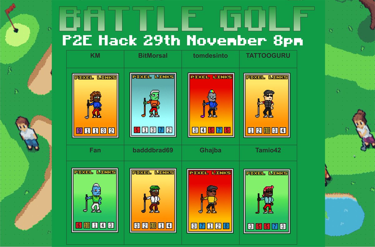 Pixellinksgolf's tweet photo. Want to know more about our BATTLEGOLF #P2E game? Join us tonight (8pm UTC) for our next Tournament - which of these 8 #TinyGolfers is going to win the 10 ADA first prize? #CNFTCommunity https://t.co/qrKcxR3nPD