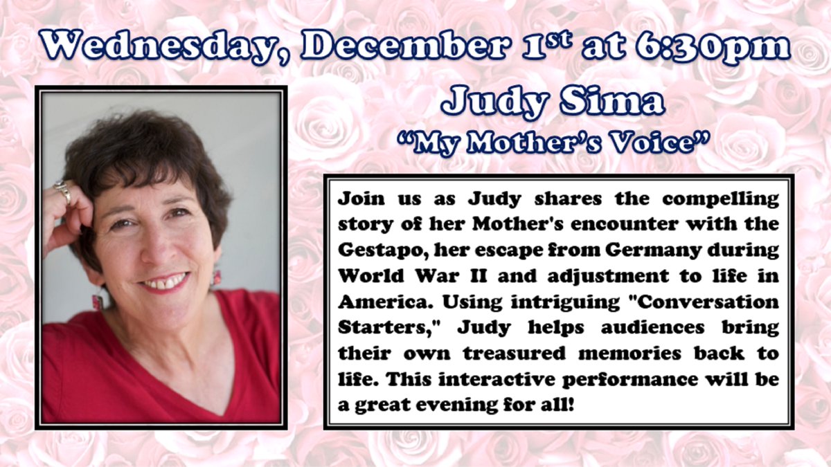 VicksburgMiLib's tweet photo. Be sure to join us this Wednesday evening at 6:30pm as we host performer and speaker Judy Sima and her presentation of My Mother's Voice! Judy will share the story of her mother's escape from Nazi Germany and work with attendants on writing down their own family's unique history. https://t.co/iPrYqsy0a5