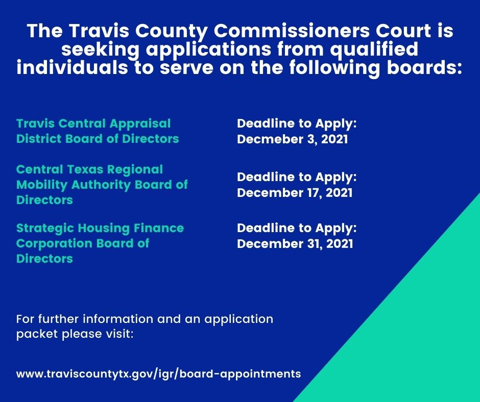 There are currently multiple volunteer opportunities to serve the Travis County community! 

If you are a Travis County resident follow the link for more details⤵️
traviscountytx.gov/igr/board-appo…