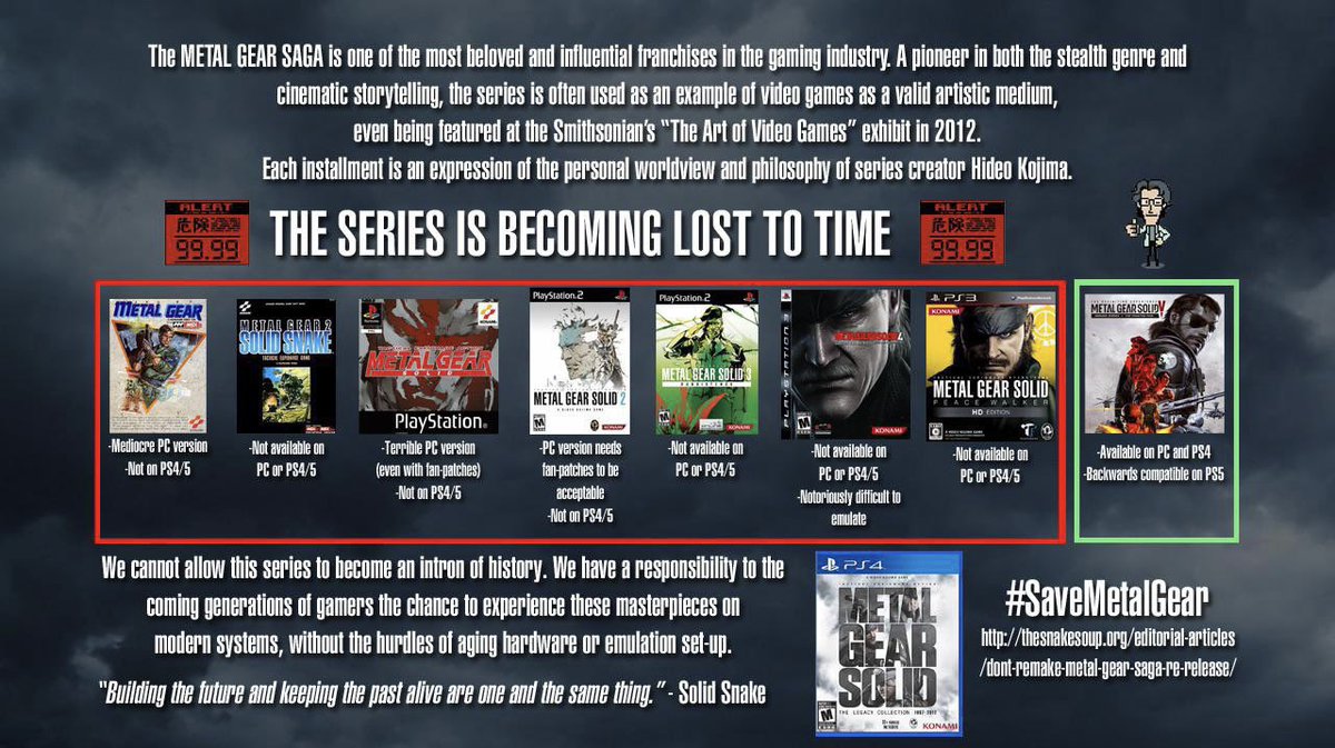 <a href="/Metalgear/">METAL GEAR OFFICIAL</a> It would be awesome if it and its sequel Metal Gear Solid 3 were re-released on modern platforms :) #SaveMetalGear