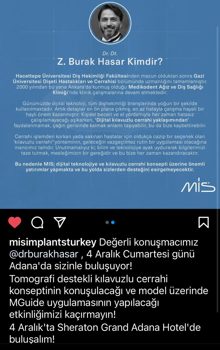 drburakhasar's tweet photo. Bu hafta sonu, 4 Aralık Cumartesi günü Sheraton Grand Adana’da
‘Kılavuzlu İmplant Cerrahisi’ üzerine keyifli bir sunum yapacağım. İlgilenen meslektaşlarımı beklerim.
Sevgi Saygı🙏
#misimplantsturkey #misimplants #dentsplysironaturkey #mguide #kılavuzlucerrahi #implantoloji https://t.co/WKLNJsl5fL