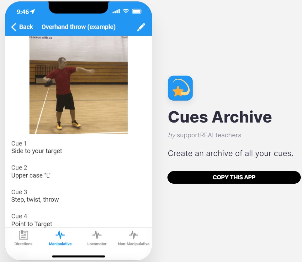 Updated glideapp - Cues' Archive cuesarchive.glideapp.io

Create an archive of all the cues you use for teaching psychomotor skills. Features:
- Up to 5 cues per skill
- GIF of skill (upload GIF online and share to get its url)
- Notes section

#physed #pegeeks