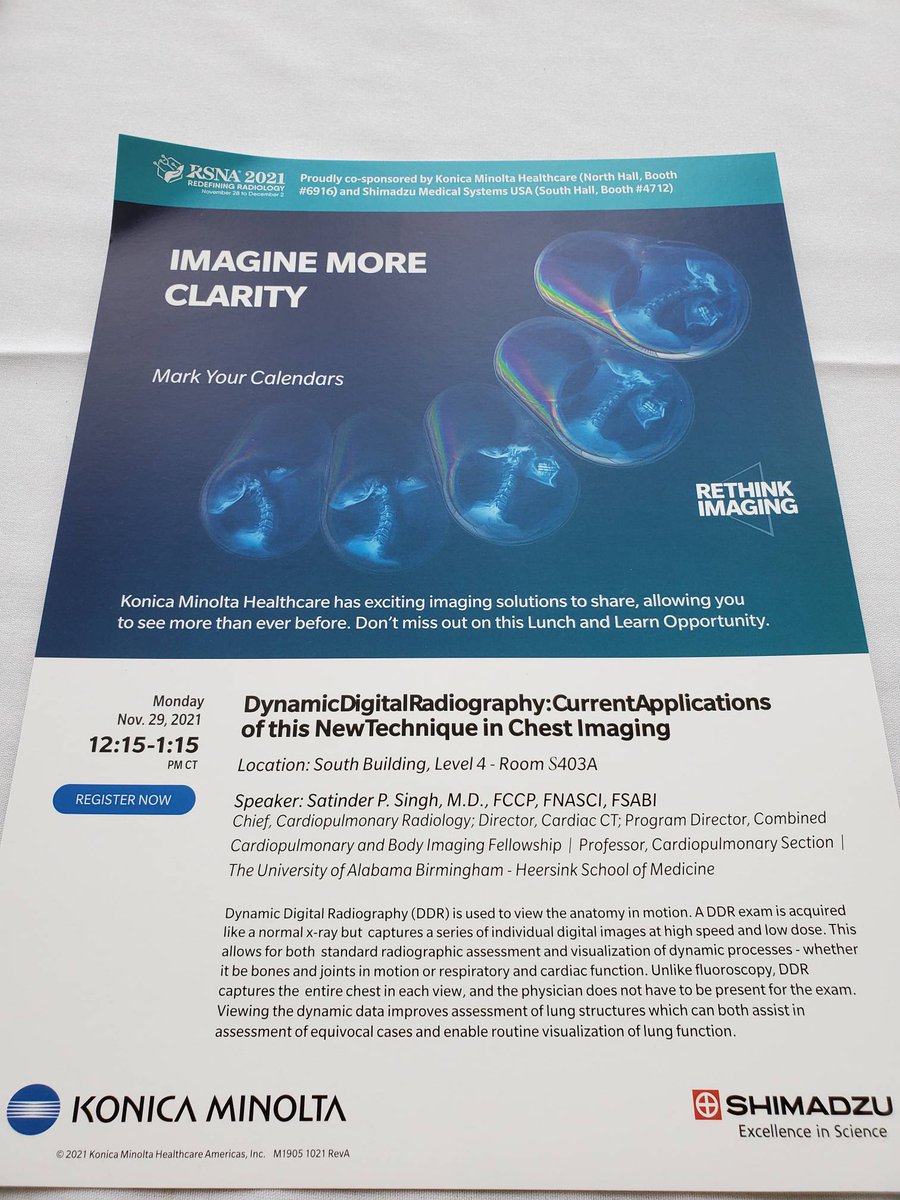 KonicaMinoltaMI's tweet photo. Don't miss our lunch and learn! Join Dr. Singh as he discusses the current applications of dynamic digital radiography in chest imaging!
#RSNA21 #dynamicimaging #DDR https://t.co/3DvphZnhgA