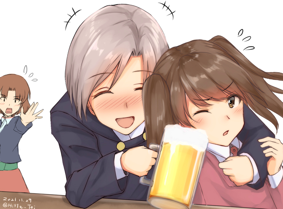 chitose (kancolle) ,chiyoda (kancolle) ,ryuujou (kancolle) multiple girls brown hair mug drunk beer mug twintails beer  illustration images