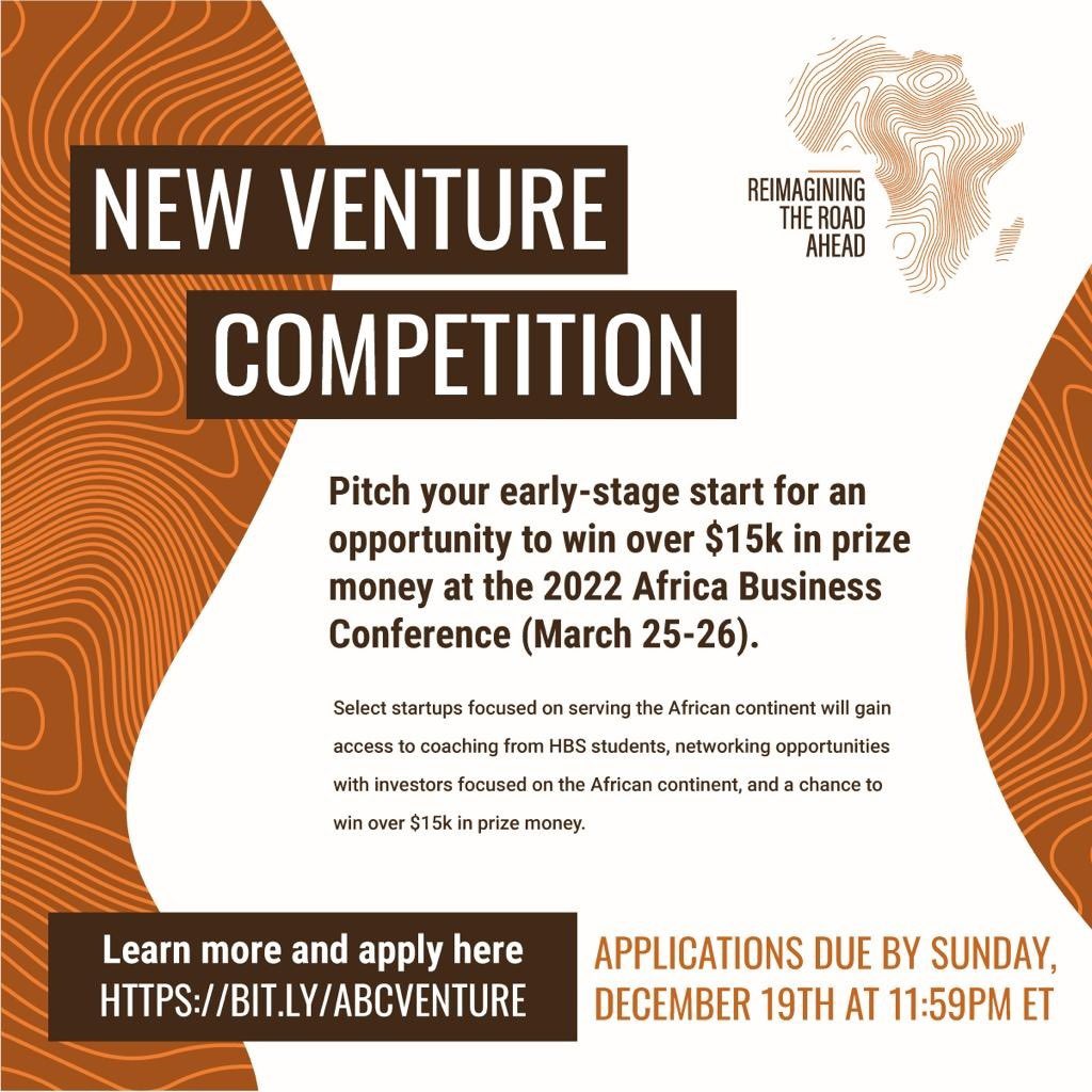 TemiRansomeKuti's tweet photo. Calling all founders! Harvard business school Africa business conference is launching its 2022 new venture competition! Apply for up to $15K in non-dilutive funding here: https://t.co/iz3ewLIgCe https://t.co/yS9K3riaNY