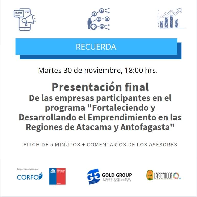 GoldGroupChile2's tweet photo. 📢 Este martes 30 de noviembre a las 18:00 hrs. realizaremos la última actividad para las empresas que forman parte de este programa.
👩‍💻 El link de acceso podrán solicitarlo al e-mail 💬serviciocliente@goldgroup.cl ¡Las y los esperamos!

@CorfoAtacama
@CorfoAntofa @fundlasemilla https://t.co/pfGyoN9MSY