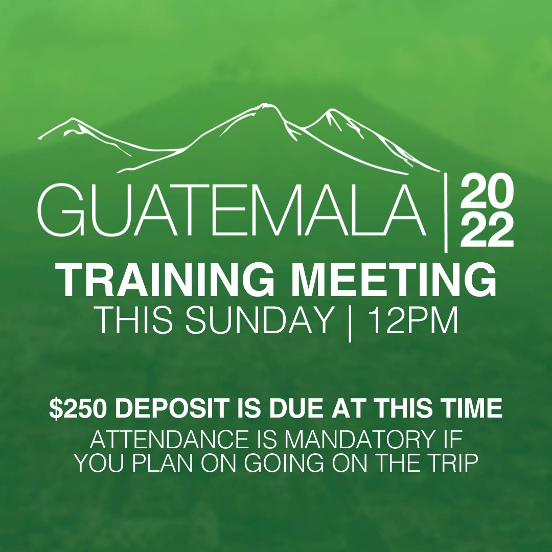 connect316's tweet photo. We've got a Guatemala 2022 training meeting this Sunday! If you're planning on coming with us, you MUST be at this meeting with your $250 deposit paid. 

Learn more at https://t.co/kSMzK6ssTA https://t.co/E2mi6e87z7