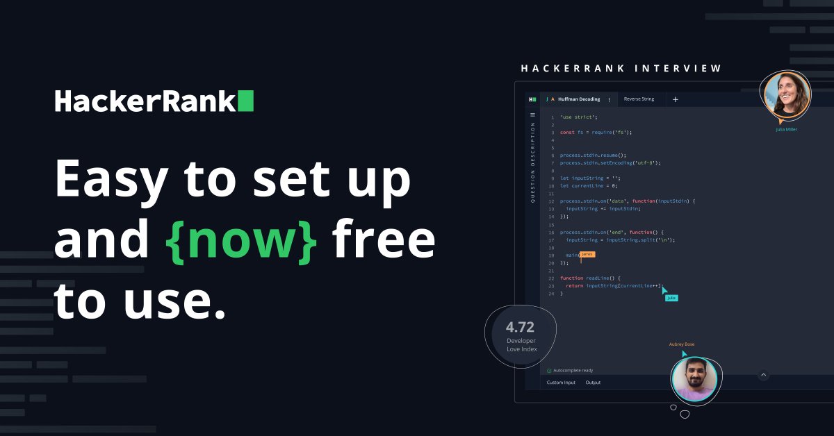 hackerrank's tweet photo. New! 🚨 Introducing the reimagined FREE technical interview tool designed uniquely for developers. Get 5 free interviews every month. 🖐️

Simultaneously edit and collaborate all within your browser. No downloads required—https://t.co/wfmfVowkt3

#technicalinterview #interview https://t.co/9K6ntjAR6F