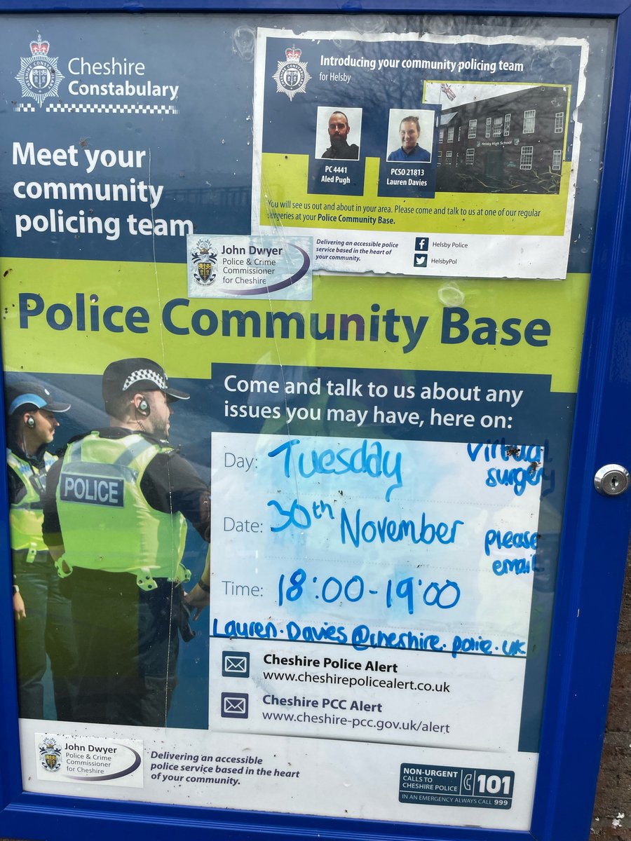 HelsbyPol's tweet photo. A reminder that PCSO Davies will be holding her next police surgery tomorrow online between 6-7pm. 

Please email lauren.davies@cheshire.police.uk with any community concerns during this time. 

#Community 🚔 https://t.co/ShQsyEb0gR
