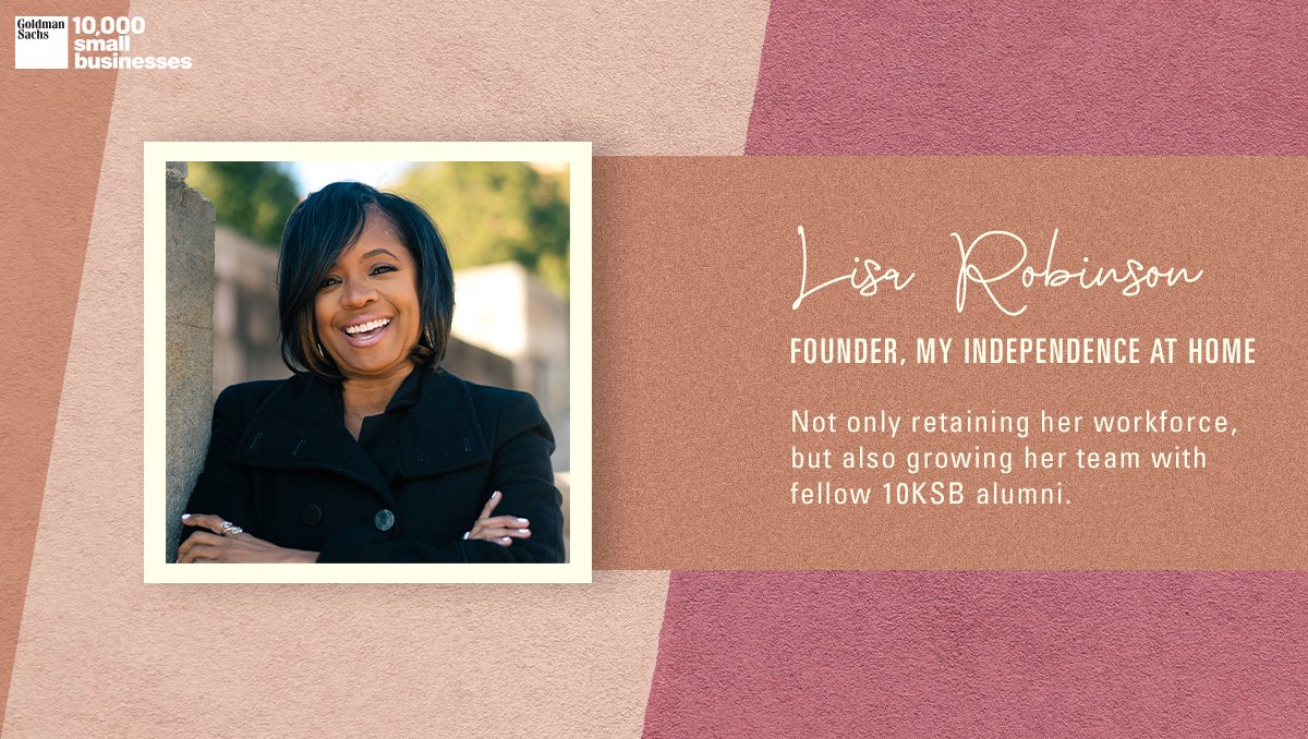 GS10KSmallBiz's tweet photo. Lisa is a #10KSBgrad who found the confidence she needed to trust her own skills and continue growing her business. Three people from her cohort have already joined her team at @MYIAHOME, and she’s committed to supporting as many of her fellow alumni as she can. https://t.co/SARtouA4cZ