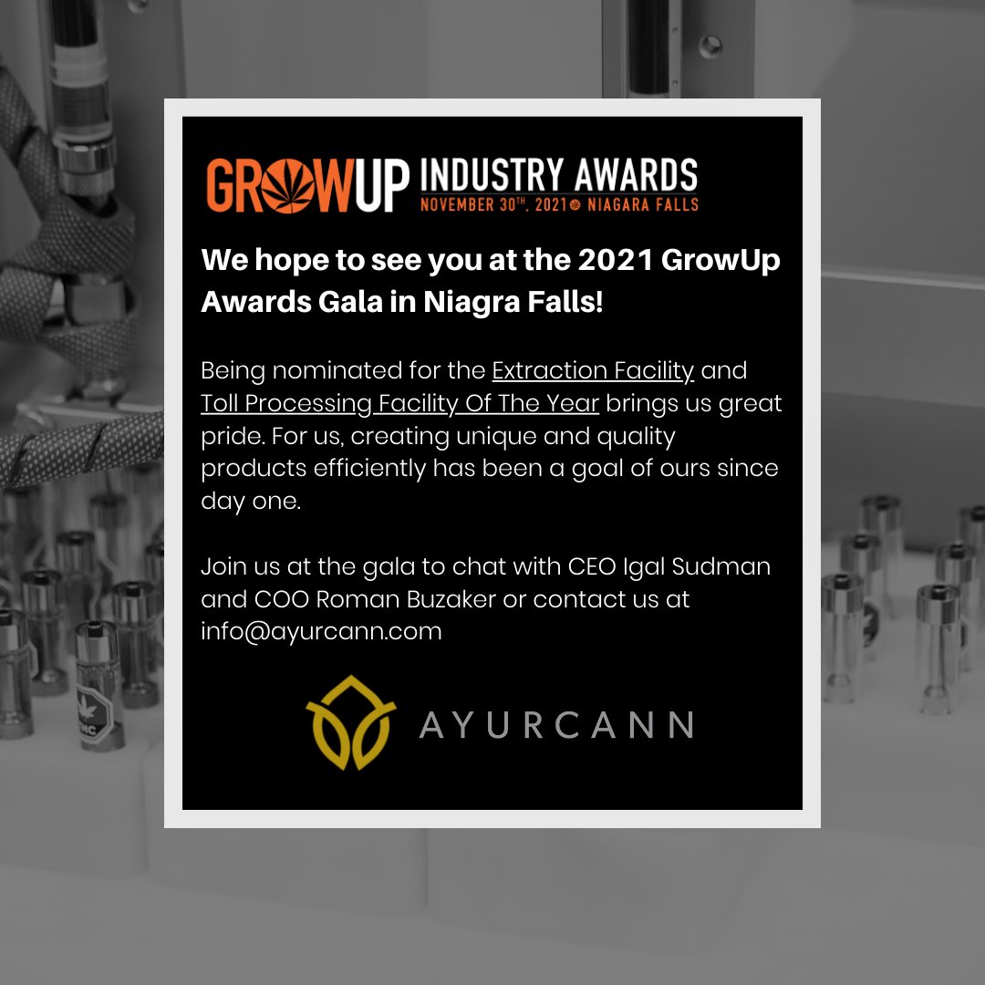 ayurcann's tweet photo. We hope to see you at the 2021 GrowUp Awards Gala on November 30th!

To get in touch with our CEO or COO, contact us via direct message to talk extraction, toll processing, and general services.

Get your tickets here: https://t.co/gToXqyLxyo

#growup #extraction #tollprocessing https://t.co/lTJWsW06wV