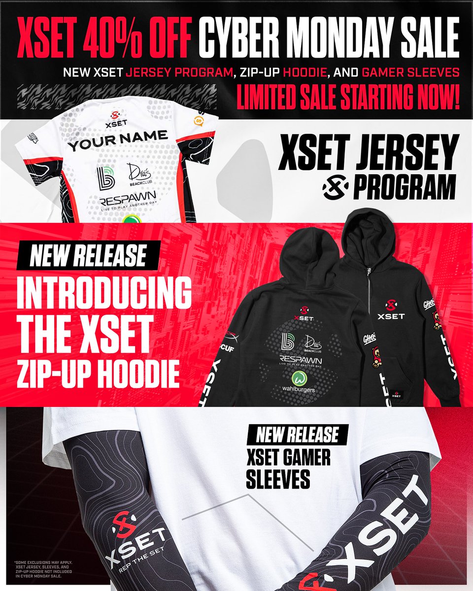 XSET's tweet photo. Happy #CYBERMONDAY! ⚡

Level up your XSET custom jersey look with our new H4X Pro Gaming Sleeves and #RepTheSet in our new Pro Team Zip Hoodie!

Also, don't forget our 40% Black Friday sitewide sale ends tonight at midnight. Cop while you can.

https://t.co/aNpEyA4mrn https://t.co/2rxQ3v9cub