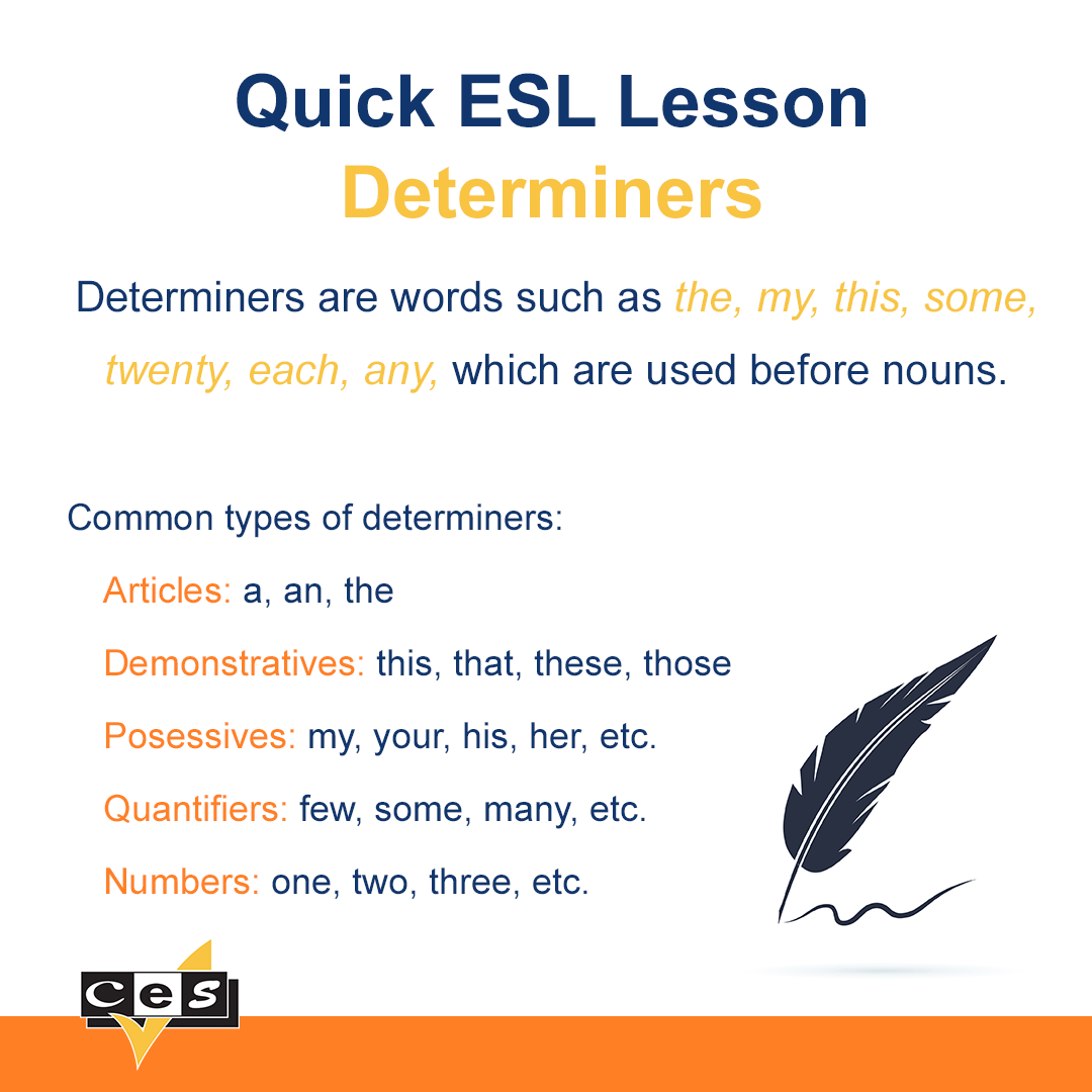 CESDublin's tweet photo. Are you familiar with determiners? Here’s a quick ESL lesson to help you!

Can you identify a few of the determiners in this sentence? 

Comment your thoughts!

#CESDublin #ESL #LearnEnglish #SecondLanguage https://t.co/pOJrvEWVmr