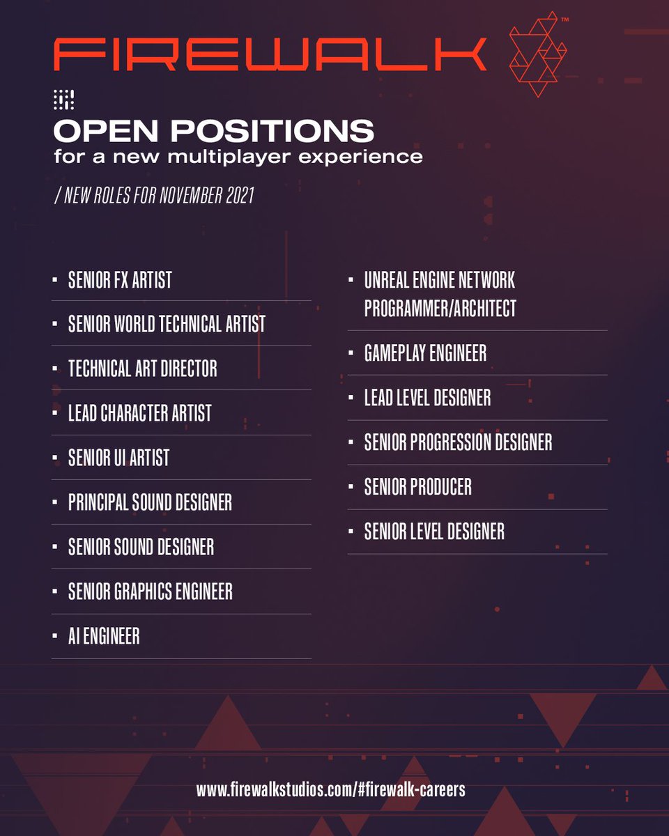 We're looking to add passionate, visionary creators to help us build an amazing new multiplayer experience! Come see what positions are available at Firewalk and apply today! ow.ly/E8VW50GU0qT